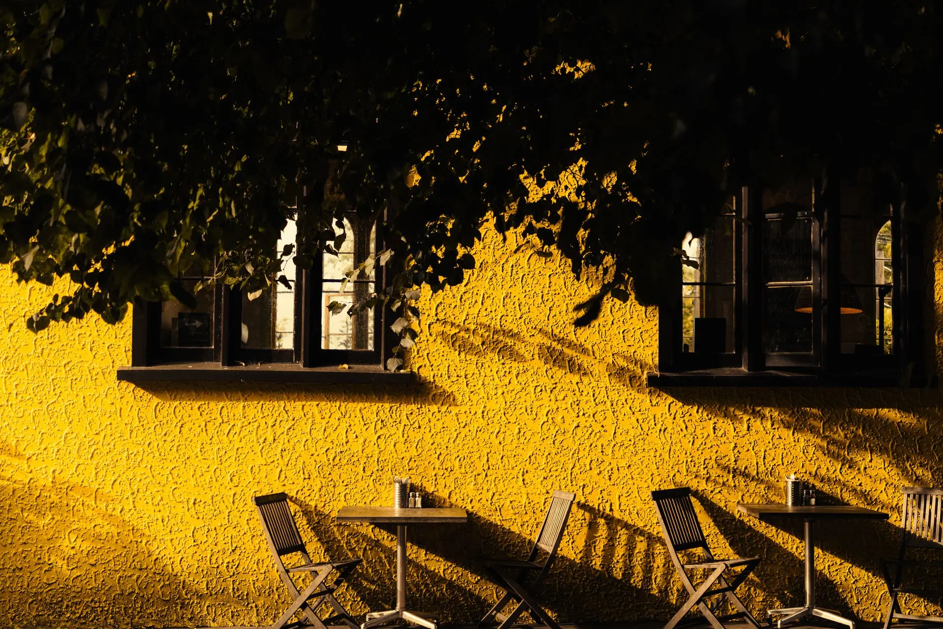 Socialize 1 A vibrant yellow wall outside a coffee shop.